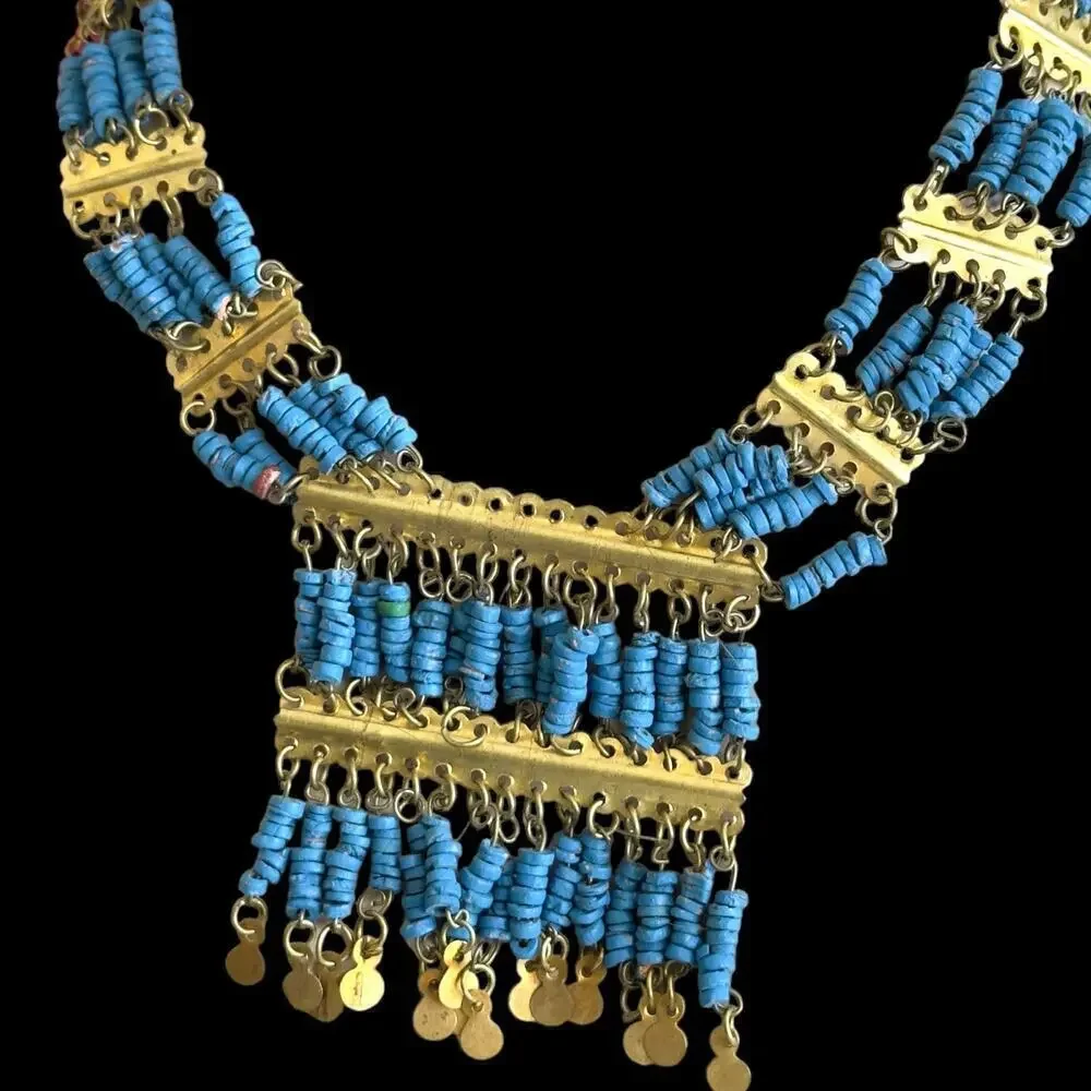 Vintage Egyptian Revival Faience Turquoise Blue Mummy Bead Necklace Brass Coins